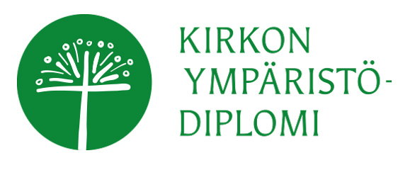Logo, jossa vihreän ympyrän sisällä valkoinen risti ja ristin yläosan ympärillä siemenhaituvia sekä vieressä teksti Kirkon ympäristö-diplomi.